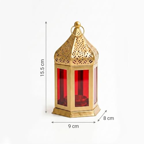 MARKET 99 Metal Glass Royal Lantern | Golden Red Tealight Candle Holder | Decorative Home Décor Lamp | Festive Lighting for Diwali, Christmas, Wedding & Party Table Setup (Use LED T-Light Only) - Image 5