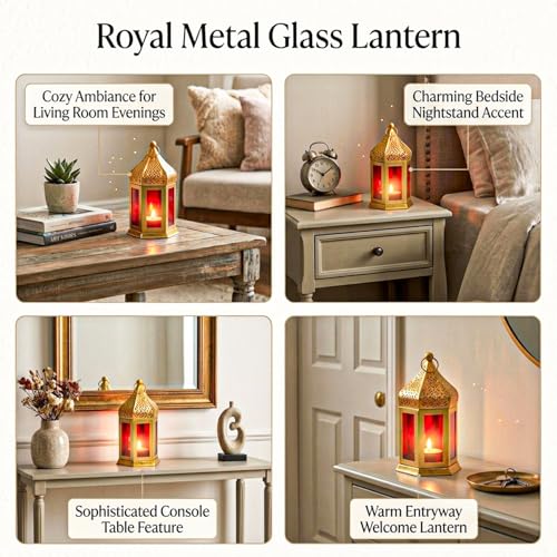 MARKET 99 Metal Glass Royal Lantern | Golden Red Tealight Candle Holder | Decorative Home Décor Lamp | Festive Lighting for Diwali, Christmas, Wedding & Party Table Setup (Use LED T-Light Only) - Image 4