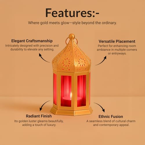 MARKET 99 Metal Glass Royal Lantern | Golden Red Tealight Candle Holder | Decorative Home Décor Lamp | Festive Lighting for Diwali, Christmas, Wedding & Party Table Setup (Use LED T-Light Only) - Image 3