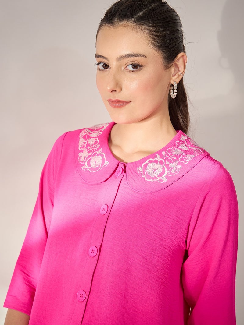 بانيت طقم متناسق (Co-ord Set) قميص مطرَّز بياقة بيتر بان مع بنطلون - ماجنتا - Image 3