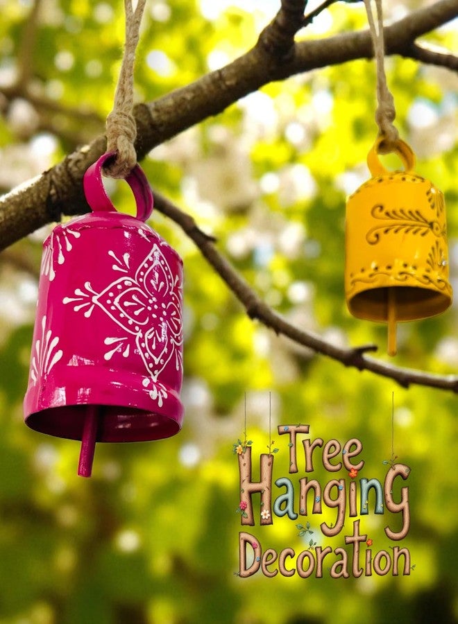 WARMINGO DE 2 PC Bell Wall Hanging Decor | Garden Tree Hanging Bells Decoration | Handpainted Hanging Ornaments for Home Living Room Wind Chime (Pink & Yellow) - Image 2