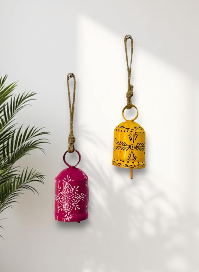WARMINGO DE 2 PC Bell Wall Hanging Decor | Garden Tree Hanging Bells Decoration | Handpainted Hanging Ornaments for Home Living Room Wind Chime (Pink & Yellow) - Image 1