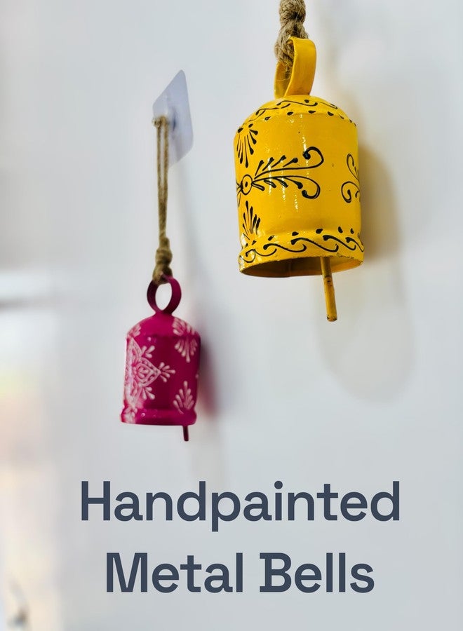 WARMINGO DE 2 PC Bell Wall Hanging Decor | Garden Tree Hanging Bells Decoration | Handpainted Hanging Ornaments for Home Living Room Wind Chime (Pink & Yellow) - Image 3