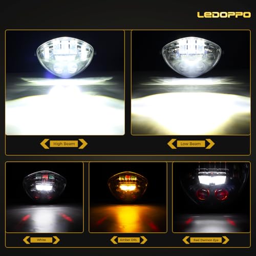 LEDOPPO 7-Inch LED Motorcycle Headlight Assembly with Clamp Mount Brackets Fits 27-57mm O.D. Forks for Cafe Racer/Chopper/Bobber/Scrambler, Features Turn Signal/DRL, Demon Eye, Hi-Low Beam - Image 3