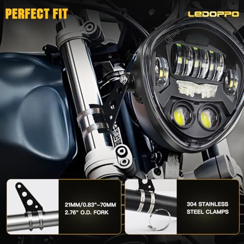 LEDOPPO 7-Inch LED Motorcycle Headlight Assembly with Clamp Mount Brackets Fits 27-57mm O.D. Forks for Cafe Racer/Chopper/Bobber/Scrambler, Features Turn Signal/DRL, Demon Eye, Hi-Low Beam - Image 5