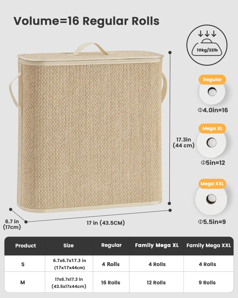 WAOHANAZ Bamboo Toilet Paper Storage Basket with Lid & Handle - 32L Large Capacity Handwoven Bathroom Organizer for 16 Rolls - Sturdy Stand Holder for Toilet Paper Organization, Light Natural - Image 3