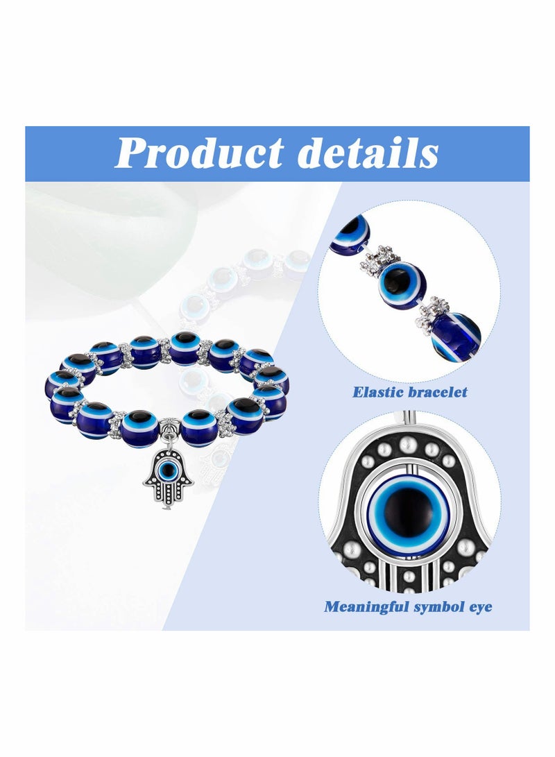 KASTWAVE 6 Pieces Eye Beaded Charm Bracelets Blue Eye Bead Stretch Bracelet Hand of Fatima Turkish Lucky Bracelet for Women Men for Protection and Blessing (Blue, 8 mm, 10 mm) - Image 3