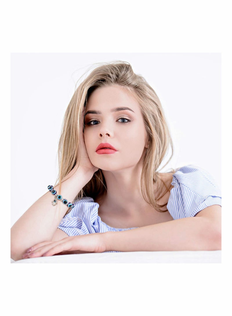 KASTWAVE 6 Pieces Eye Beaded Charm Bracelets Blue Eye Bead Stretch Bracelet Hand of Fatima Turkish Lucky Bracelet for Women Men for Protection and Blessing (Blue, 8 mm, 10 mm) - Image 5