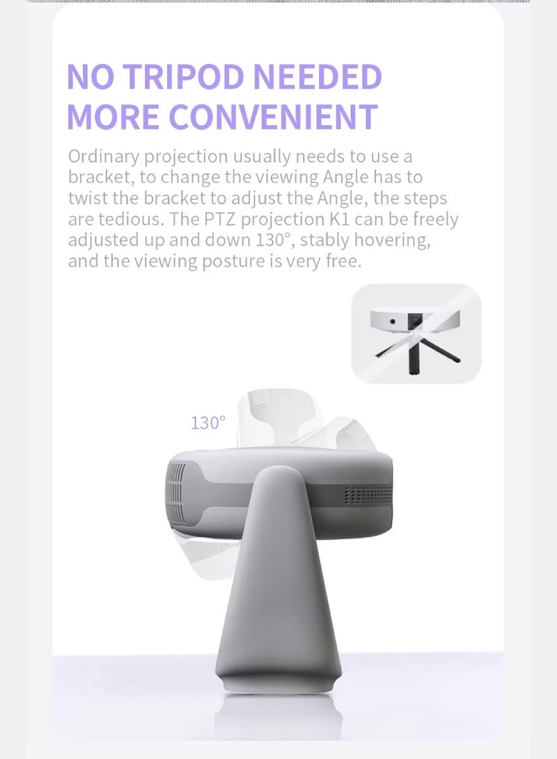 DIGI CORE K1 Smart Projector 4K Mini Projector Auto Keystone Correction Portable Projector 380 ASNI Lumens Android11 ​​Built-In Battery 5G WIFI 5 Bluetooth Auto Focus HD 1080P Smart Projector 180 Inches Screen Display Lamp 4K Cinema Projector 230 Degree Rotating With Desk Lamp Light White - Image 5