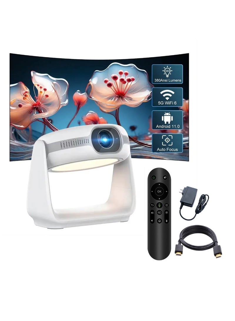 DIGI CORE K1 Smart Projector 4K Mini Projector Auto Keystone Correction Portable Projector 380 ASNI Lumens Android11 ​​Built-In Battery 5G WIFI 5 Bluetooth Auto Focus HD 1080P Smart Projector 180 Inches Screen Display Lamp 4K Cinema Projector 230 Degree Rotating With Desk Lamp Light White - Image 1