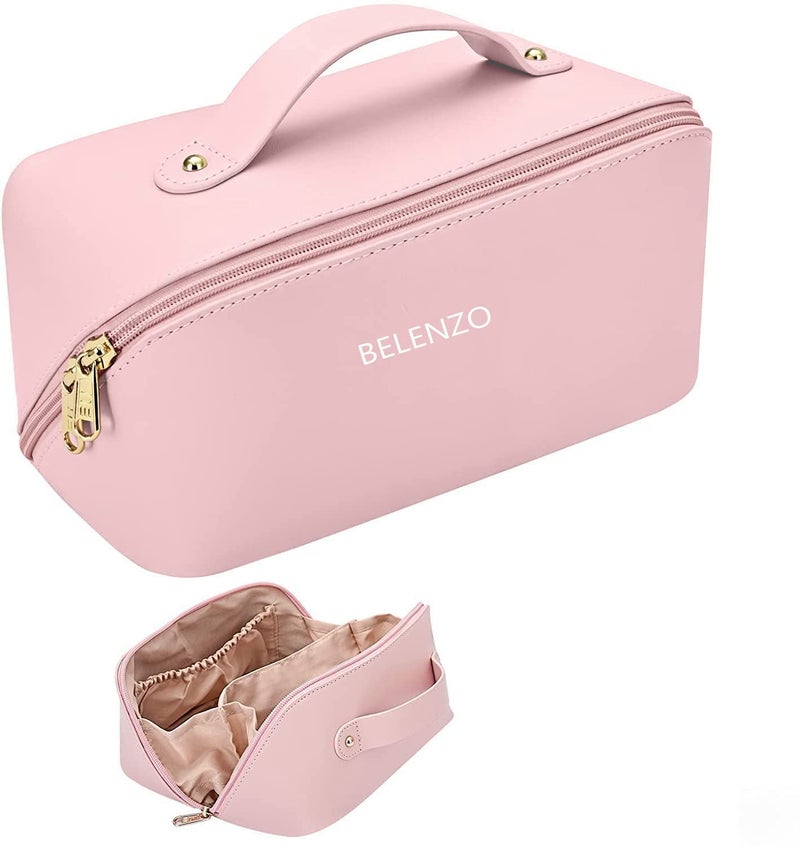 BELENZO Large Capacity 12 Cms Cosmetic Bag Womens Makeup Travel Bag Portable Leather Cosmetics Bag Wide Opening CosmeticMakeup Organizer Bags Pink - Image 1