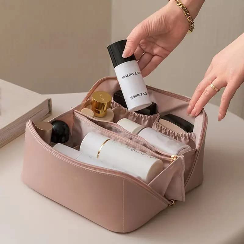 BELENZO Large Capacity 12 Cms Cosmetic Bag Womens Makeup Travel Bag Portable Leather Cosmetics Bag Wide Opening CosmeticMakeup Organizer Bags Pink - Image 5