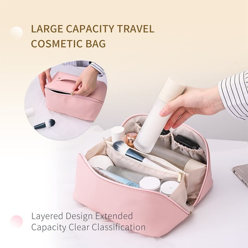 BELENZO Large Capacity 12 Cms Cosmetic Bag Womens Makeup Travel Bag Portable Leather Cosmetics Bag Wide Opening CosmeticMakeup Organizer Bags Pink - Image 2