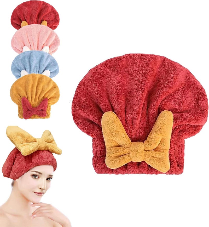 GOTTIDO Microfiber Hair Dry Cap Absorbent Quick Drying Cap Soft Hair Drying Towel Stripe Dry Hair Cap Hair Towel Cap with Bow-Knot Shower Cap for Women and Girls (Red, Hair Drying Caps) - Image 1