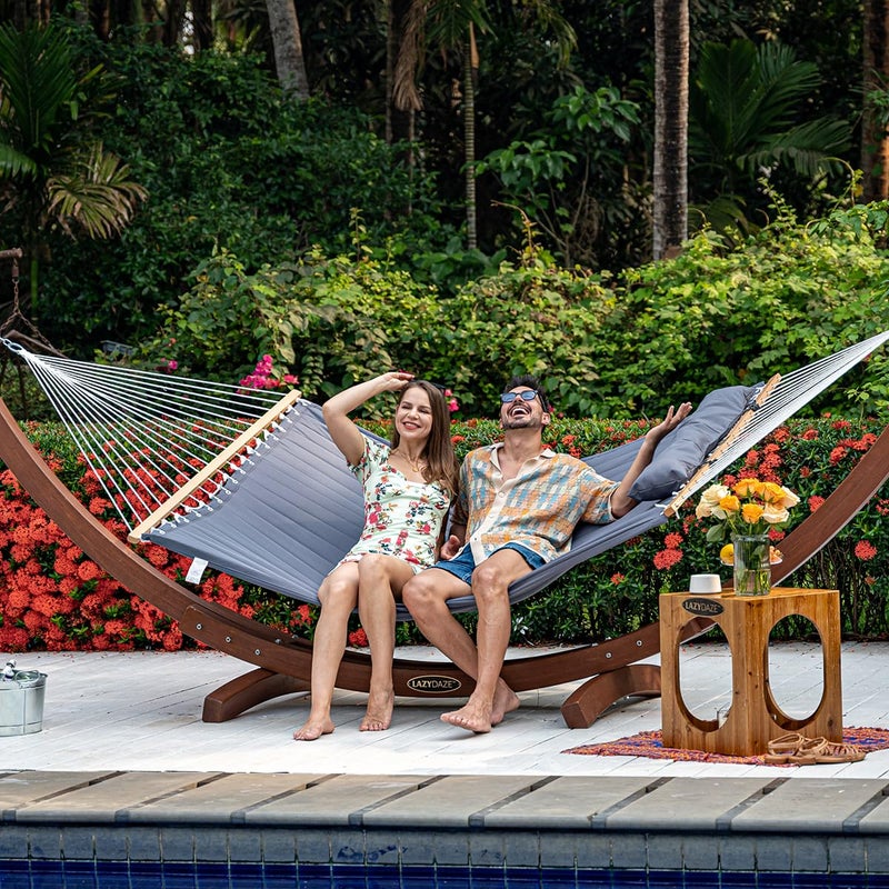 Lazy Daze Hammocks 12 FT Double Quilted Fabric Hammock with Spreader Bar and Detachable Pillow, 2 Person Double for Outside Patio Poolside Backyard Beach, 450lbs Capacity, Gray - Image 2