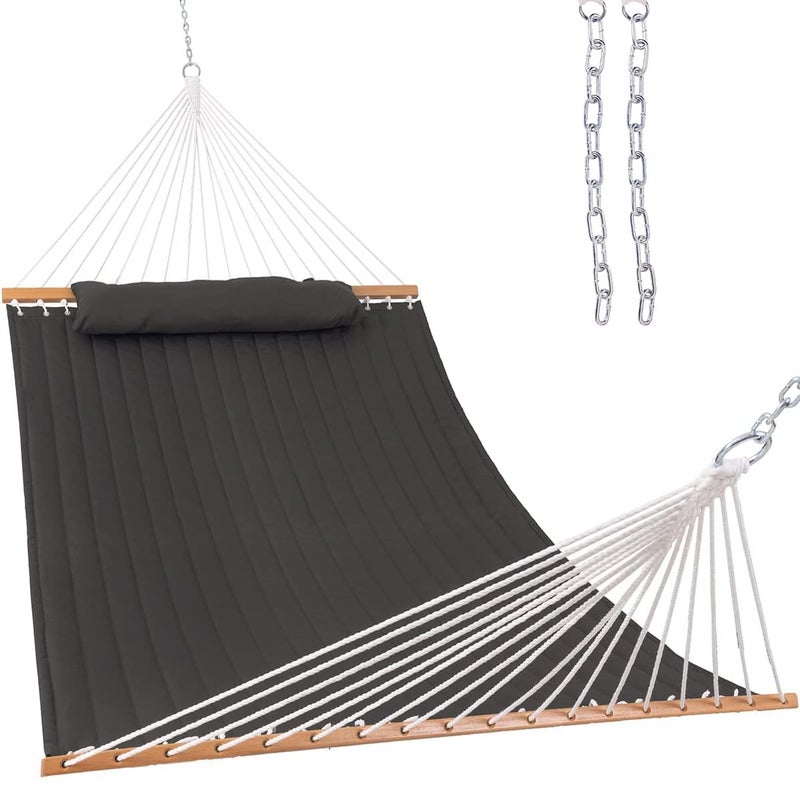 Lazy Daze Hammocks 12 FT Double Quilted Fabric Hammock with Spreader Bar and Detachable Pillow, 2 Person Double for Outside Patio Poolside Backyard Beach, 450lbs Capacity, Gray - Image 1