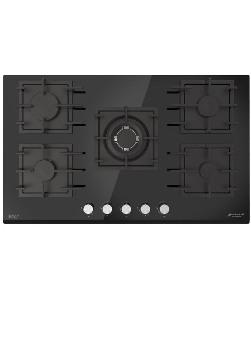 Baeckerhaft Baeckerhaft 90cm built in Gas Hob on Glass in black color 8mm Schott Italian glass with Sabaf Italy Burner and taps high grade cast iron pan support beautiful design edge in front  02 years warranty  - Image 1