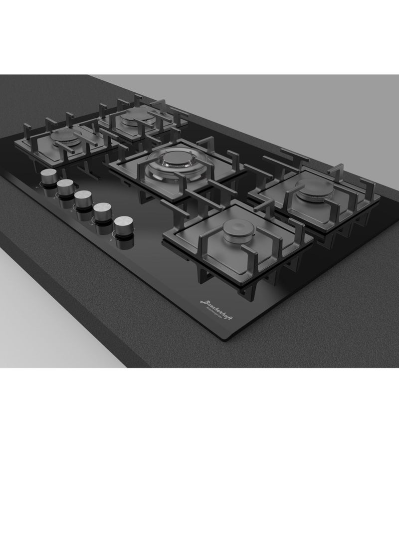 Baeckerhaft Baeckerhaft 90cm built in Gas Hob on Glass in black color 8mm Schott Italian glass with Sabaf Italy Burner and taps high grade cast iron pan support beautiful design edge in front  02 years warranty  - Image 2