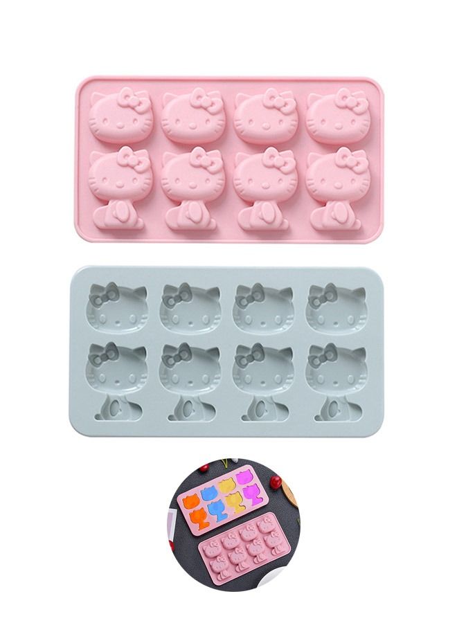 2 Pcs 6 Holes Hello Kitty Silicone Fondant Chocolate Mold, Food Grade Candy Chocolate Cupcake Topper Decorating Mold, DIY Ice Cube Mold Tray(Pink+Blue) - Image 1