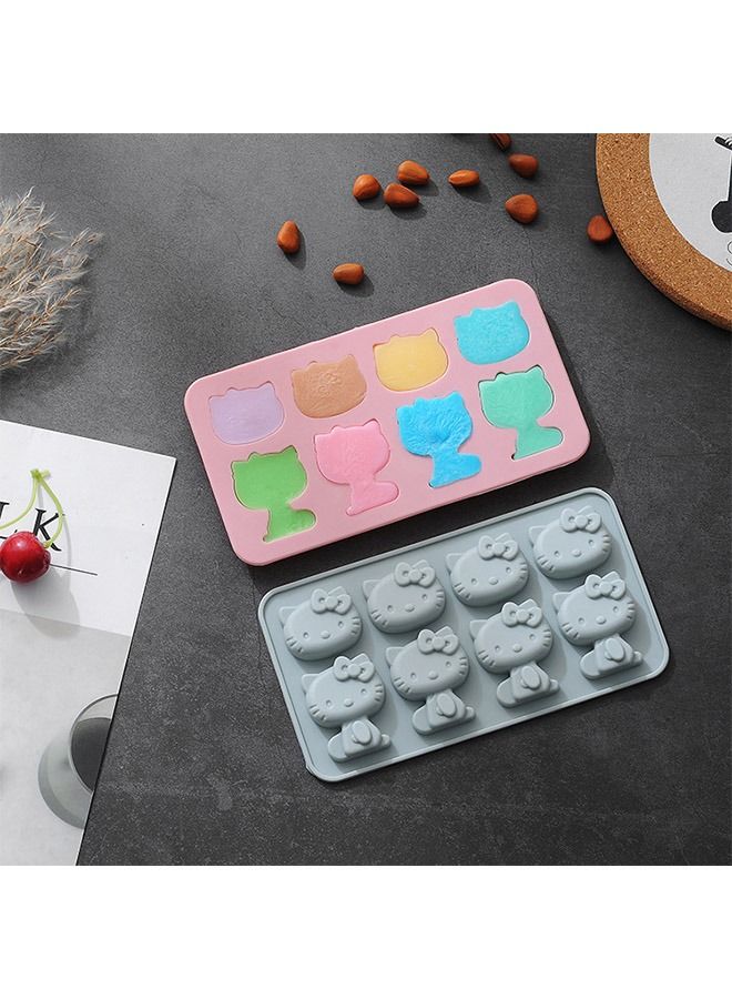 2 Pcs 6 Holes Hello Kitty Silicone Fondant Chocolate Mold, Food Grade Candy Chocolate Cupcake Topper Decorating Mold, DIY Ice Cube Mold Tray(Pink+Blue) - Image 3