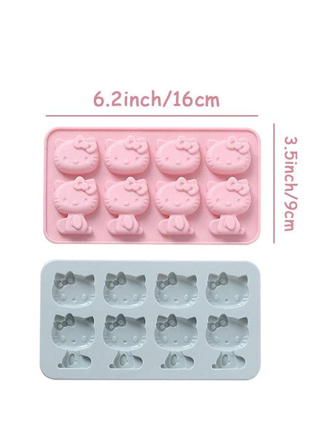 2 Pcs 6 Holes Hello Kitty Silicone Fondant Chocolate Mold, Food Grade Candy Chocolate Cupcake Topper Decorating Mold, DIY Ice Cube Mold Tray(Pink+Blue) - Image 2