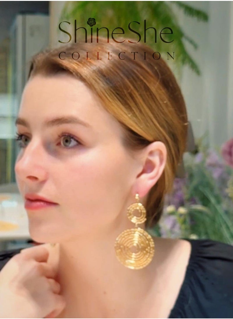 ShineShe Earring Vintage Retro Luxury Round Disc Fashionable Gold Earrings【Tree-Ring Records】  - Image 4