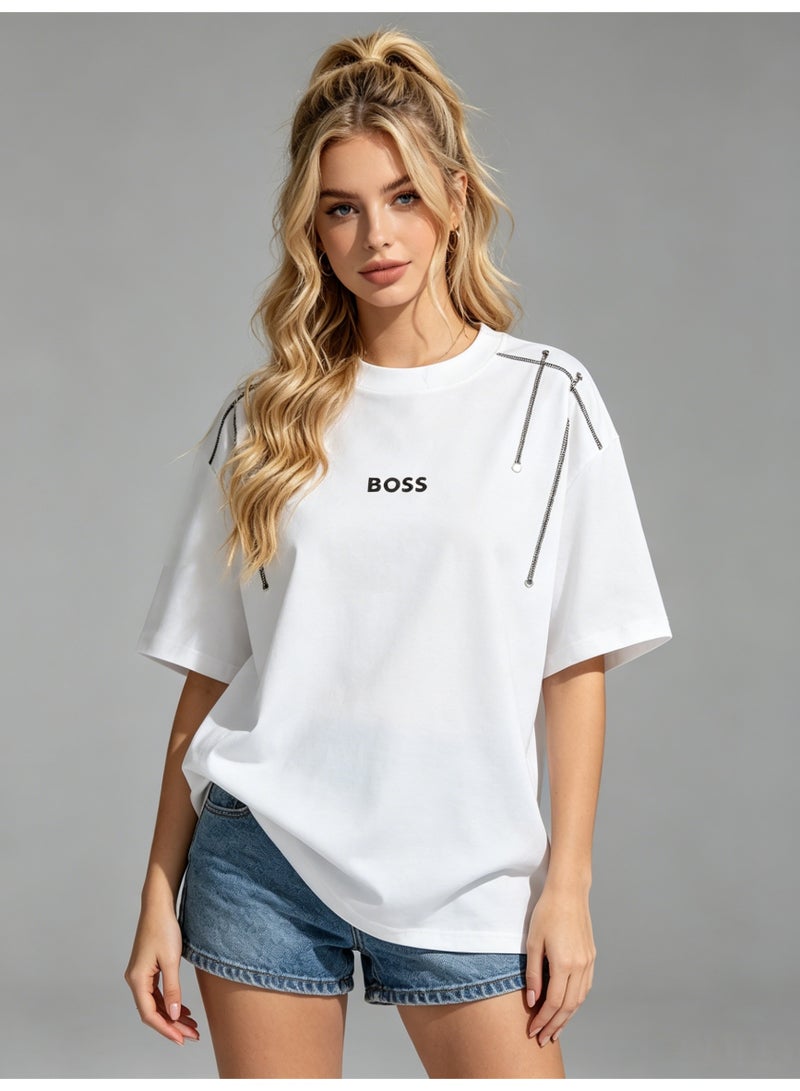 BOSS Unisex White Oversized T-Shirt with Silver Chain Shoulder Detail, Crew Neck Casual Streetwear Tee for Men & Women - Image 1