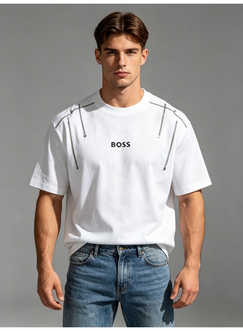 BOSS Unisex White Oversized T-Shirt with Silver Chain Shoulder Detail, Crew Neck Casual Streetwear Tee for Men & Women - Image 4