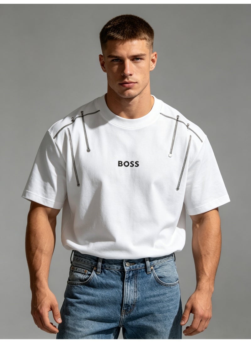 BOSS Unisex White Oversized T-Shirt with Silver Chain Shoulder Detail, Crew Neck Casual Streetwear Tee for Men & Women - Image 3