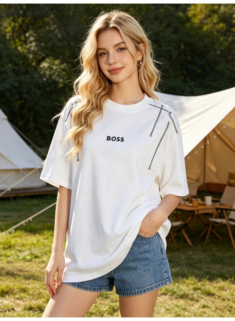BOSS Unisex White Oversized T-Shirt with Silver Chain Shoulder Detail, Crew Neck Casual Streetwear Tee for Men & Women - Image 5