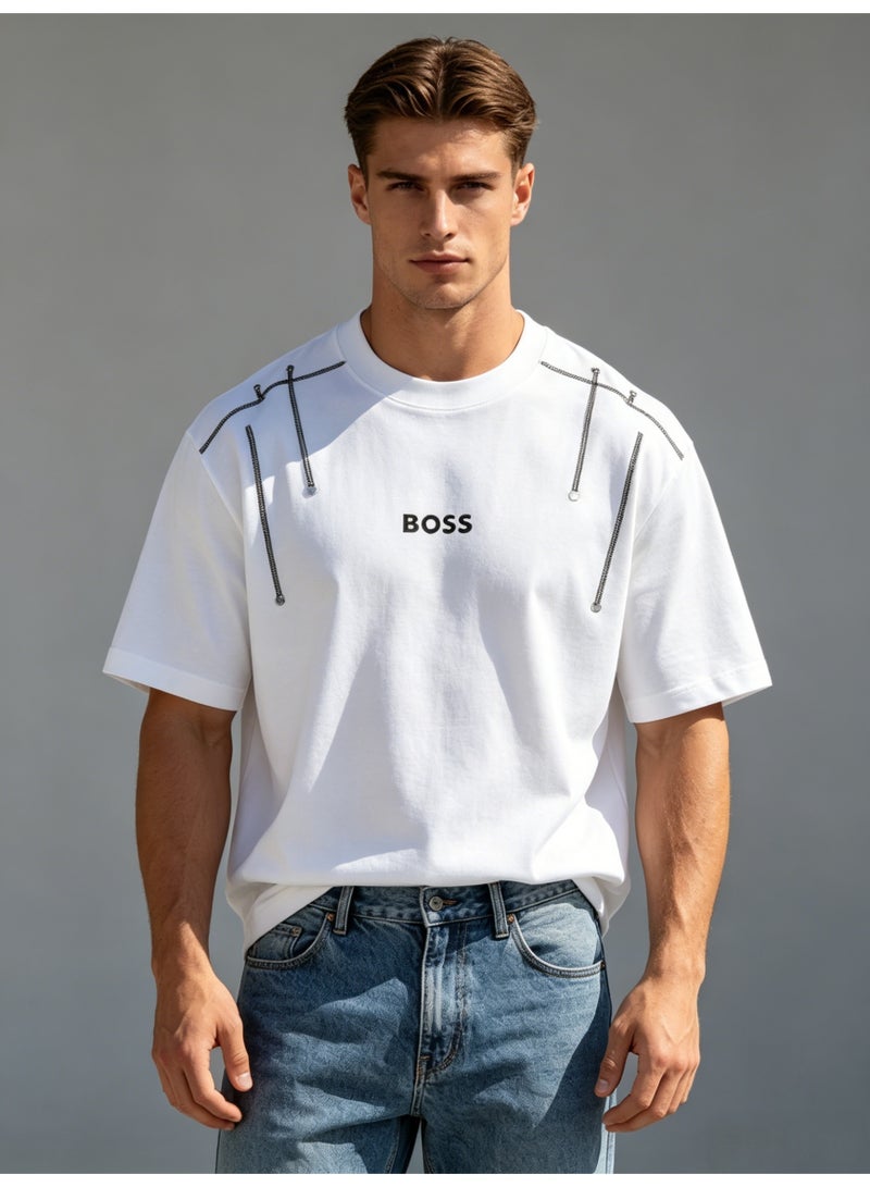 BOSS Unisex White Oversized T-Shirt with Silver Chain Shoulder Detail, Crew Neck Casual Streetwear Tee for Men & Women - Image 2