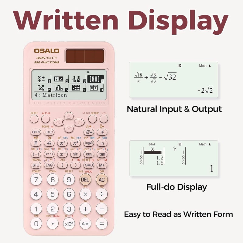 OSALO Scientific Calculator 552 Functions 4 Line Written Display Solar and Battery for School College Math Engineering Calculators Pink (OS-991EX CW) - Image 3