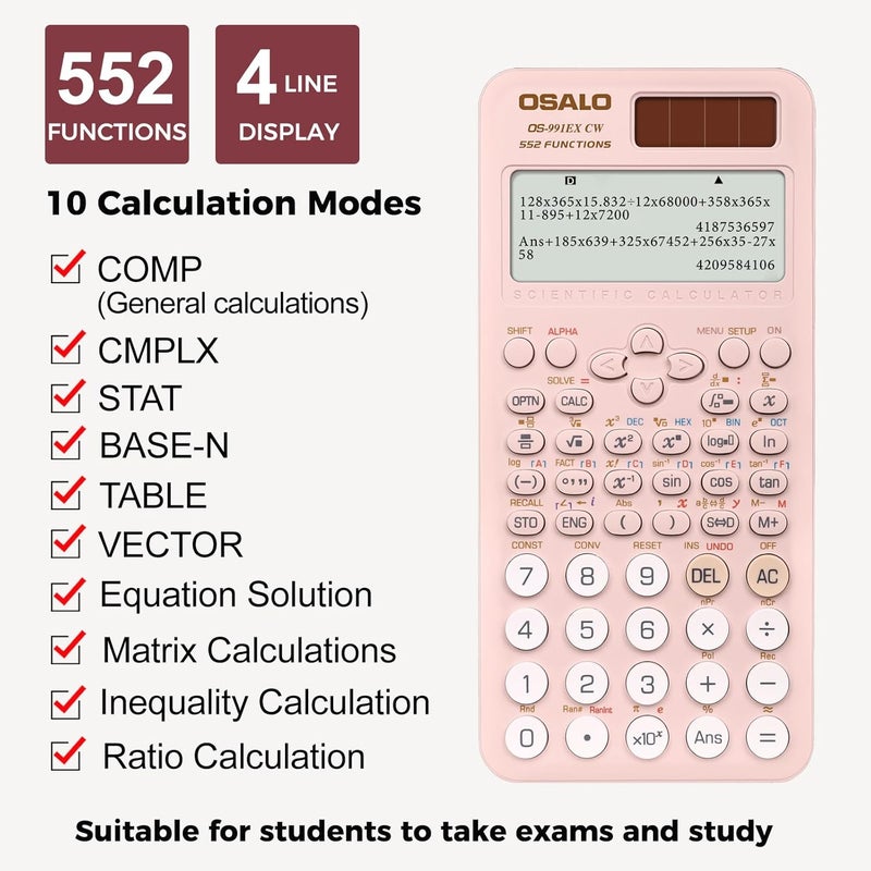 OSALO Scientific Calculator 552 Functions 4 Line Written Display Solar and Battery for School College Math Engineering Calculators Pink (OS-991EX CW) - Image 2
