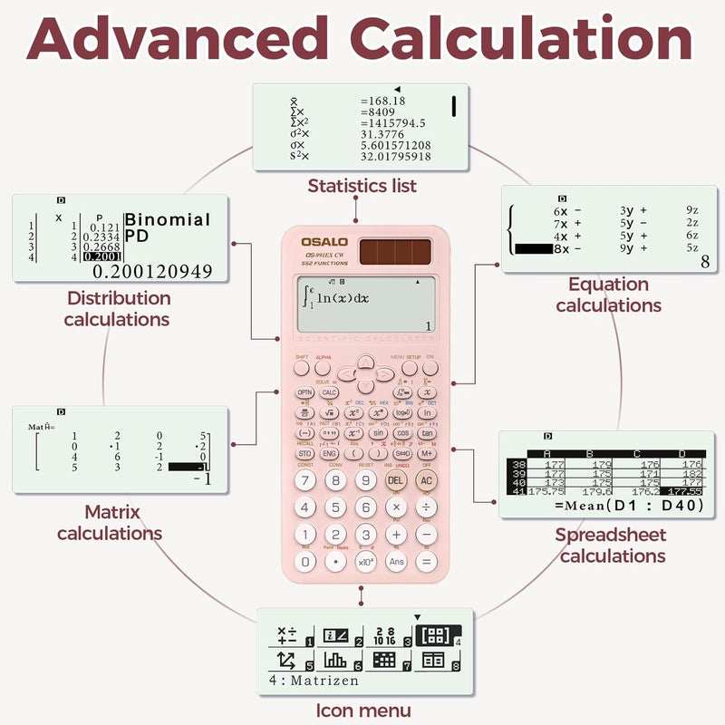 OSALO Scientific Calculator 552 Functions 4 Line Written Display Solar and Battery for School College Math Engineering Calculators Pink (OS-991EX CW) - Image 4