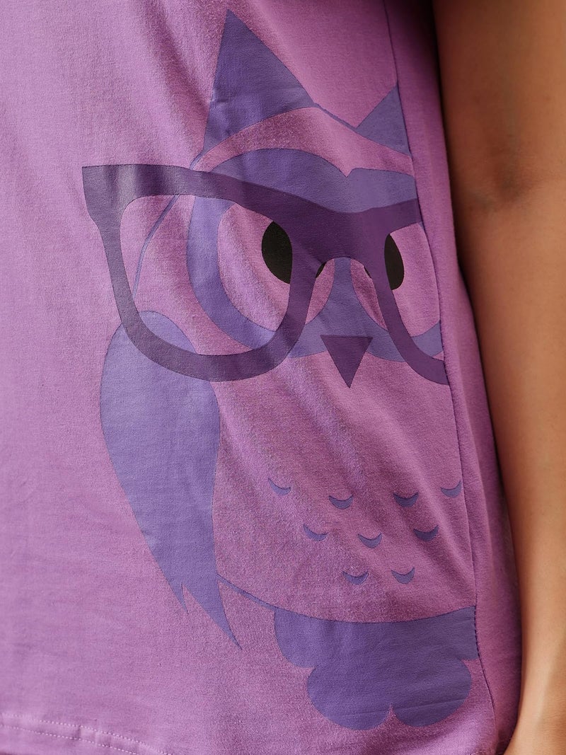Clovia Women's Cotton Printed Button T-Shirt & Pyjama Set (Ls0522P12_Purple_S) - Pajamas - Image 4