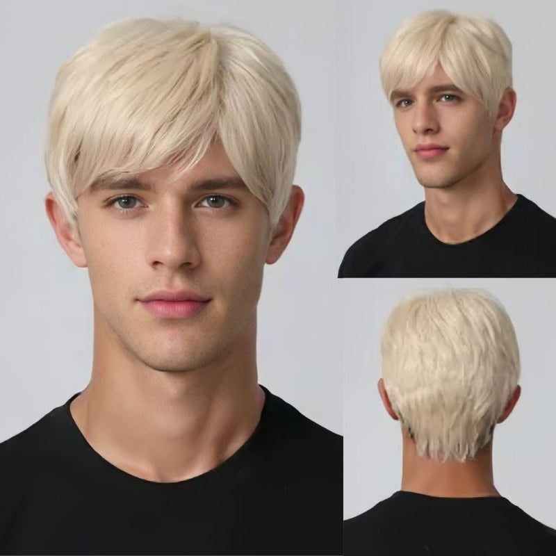 Swiking Mens Short Blonde Wig Natural Synthetic Hair Wigs Halloween Costume Daily Party Wig