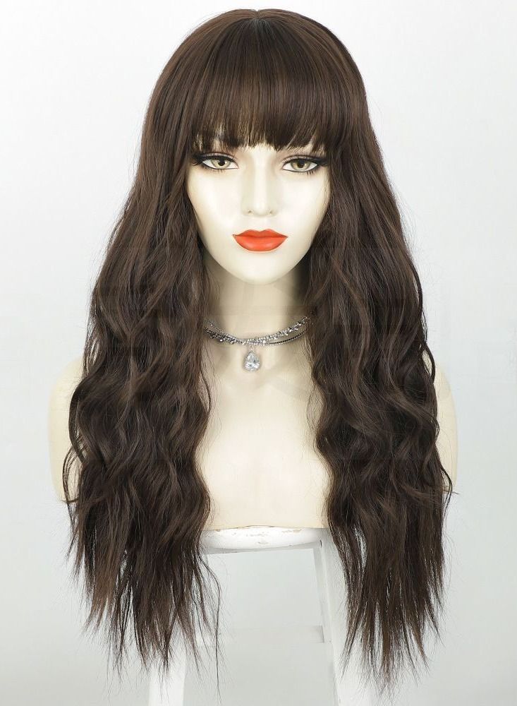 إستيل شعر مستعار طويل مجعد أوروبي وأمريكي من إيستيل ، مموج من الألياف الأنثوية بغطاء رأس كامل ، بني - Image 1