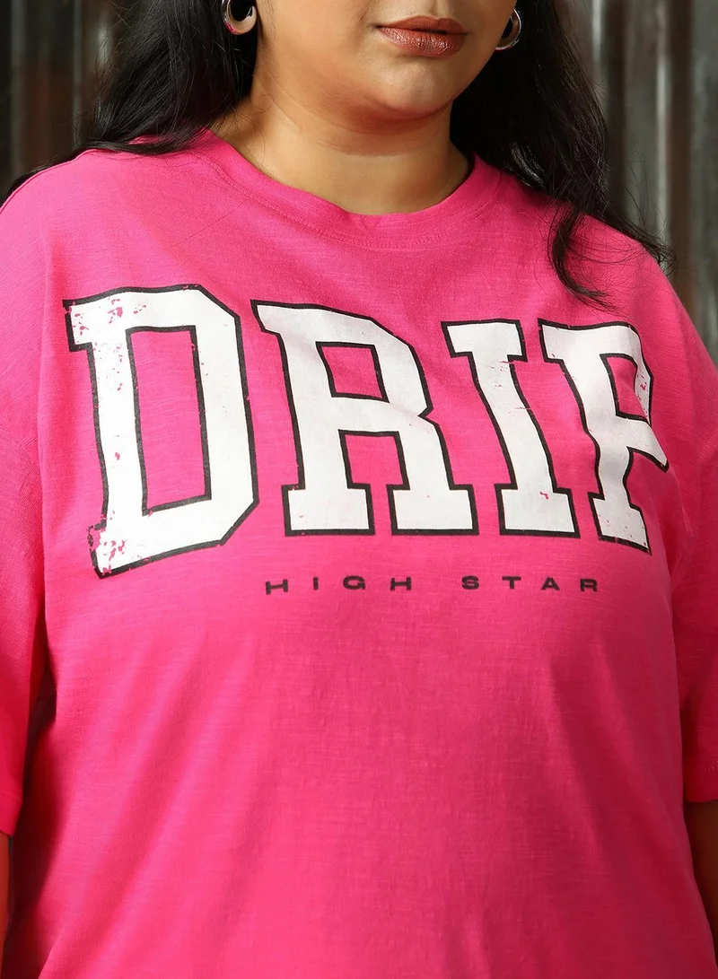 HIGH STAR Women's Magenta 100% Cotton Printed Plus Size T-Shirt