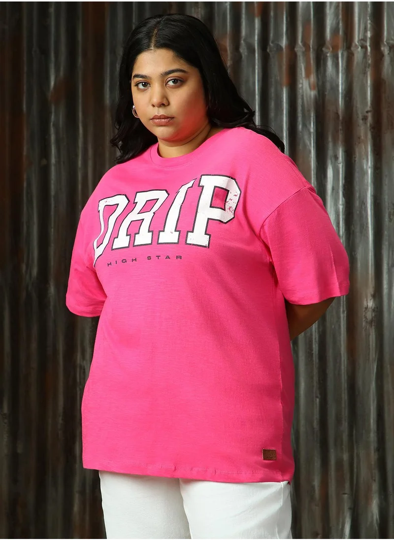 هاي ستار Women's Magenta 100% Cotton Printed Plus Size T-Shirt