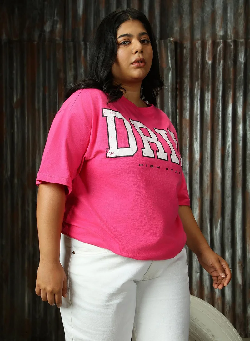 HIGH STAR Women's Magenta 100% Cotton Printed Plus Size T-Shirt