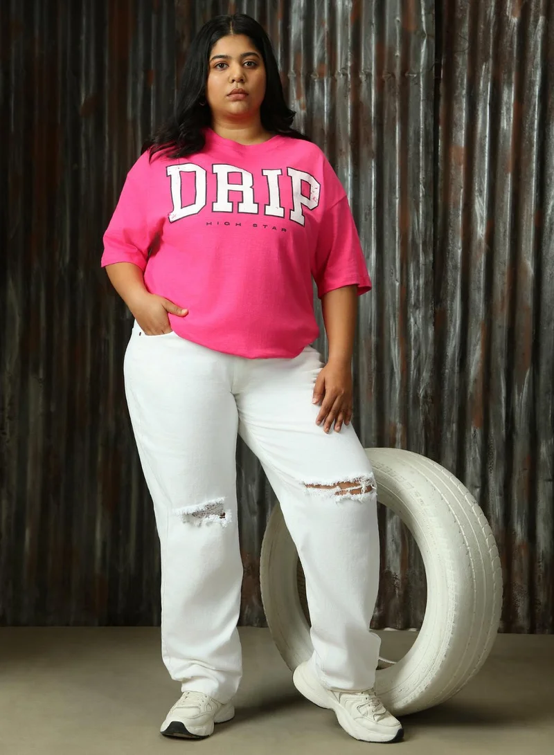 HIGH STAR Women's Magenta 100% Cotton Printed Plus Size T-Shirt