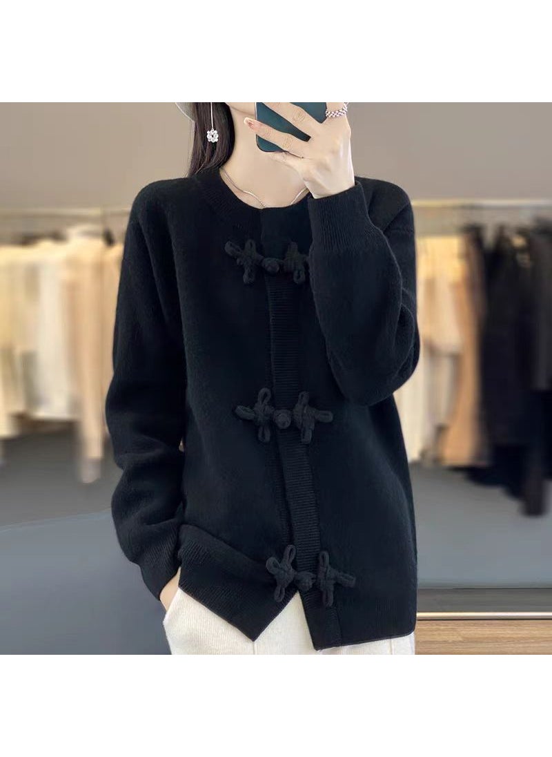 Generic - 2024 Womens Cardigan Round Neck Chinese Style Button Knit Wool Long Sleeve Loose Fit Sweater Jacket Thickened For Outerwear black - Image 1