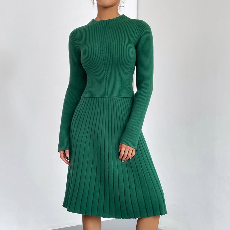 Elegant Knit Sweater Skirt Set Autumn Winter Green a-line skirt