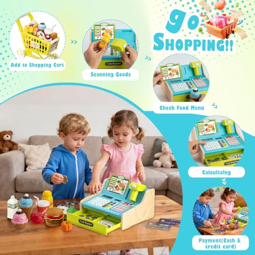 VROGTIK Wooden Cash Register for Kids with Shopping Cart Rechargeable Kid Cash Register with Scanner Gift for Kid Age 3 4 5 6 7 8 9 Year Old Pretend Play for Toddlers Toys for 312 Year Old Kids - Image 5