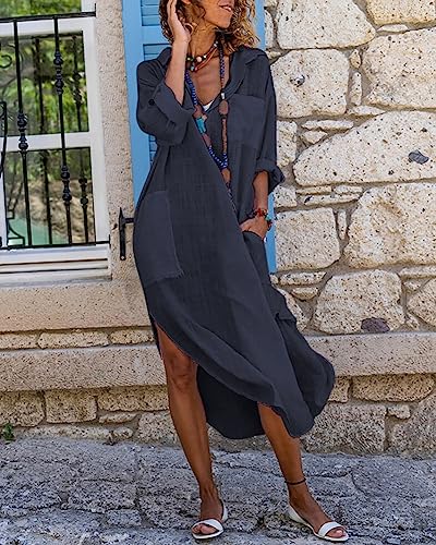 utcoco Womens Casual Loose Cotton Linen Long Shirt Dress Lapel Button Cuffed Sleeve Side Split Dresses with Pockets (Large, Navy) - Image 2