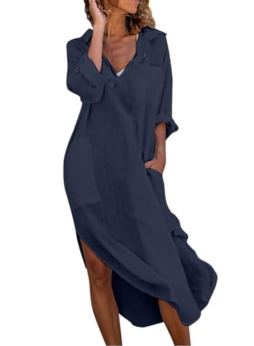 utcoco Womens Casual Loose Cotton Linen Long Shirt Dress Lapel Button Cuffed Sleeve Side Split Dresses with Pockets (Large, Navy) - Image 5