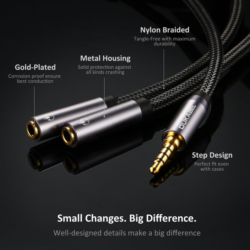 DUKABEL Long Headphone Splitter (4ft / 1.2m) Shielded 4-Pole TRRS 3.5 Y Splitter Cable 2-Way Female to Male Headphone Adapter Stereo Audio / Crystal-Nylon Braided / 24K Gold Plated / 99.99% 4N OFC - Image 5