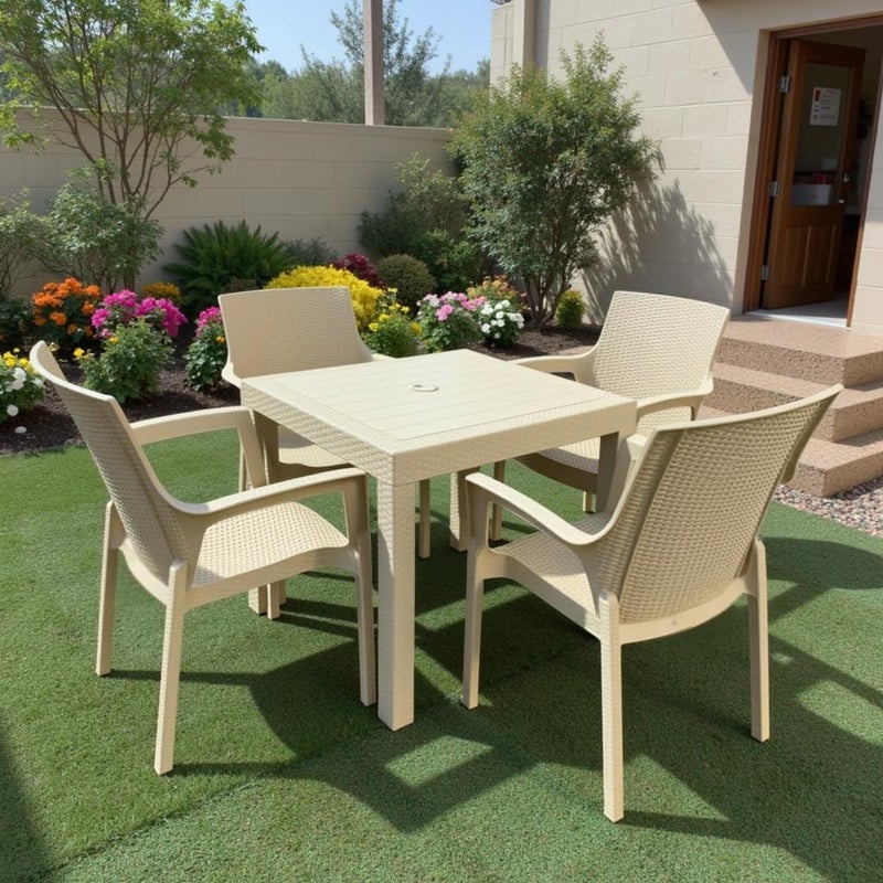 Plasticna Set of 4 Rattan-Style Chairs, Indoor/Outdoor Stackable Armchairs, UV-Resistant Plastic, 88cm Height, Assorted Colors, Model ART530 (4, Beige) - Image 1