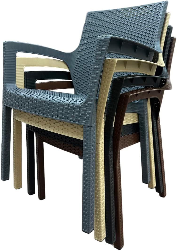 Plasticna Set of 4 Rattan-Style Chairs, Indoor/Outdoor Stackable Armchairs, UV-Resistant Plastic, 88cm Height, Assorted Colors, Model ART530 (4, Beige) - Image 3