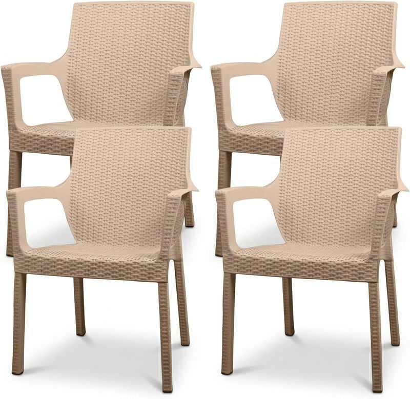Plasticna Set of 4 Rattan-Style Chairs, Indoor/Outdoor Stackable Armchairs, UV-Resistant Plastic, 88cm Height, Assorted Colors, Model ART530 (4, Beige) - Image 2